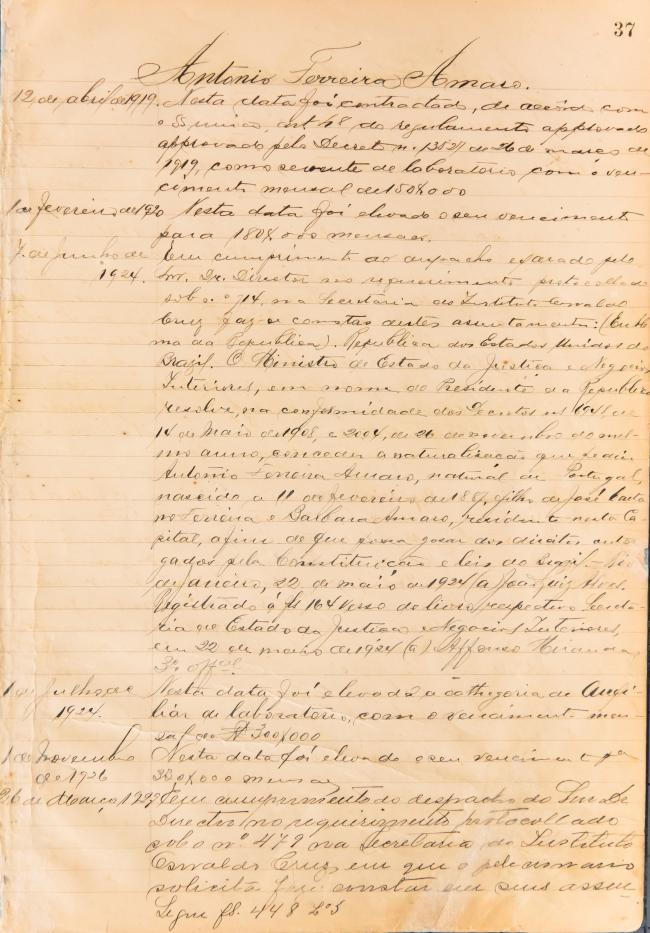 Ficha de registro funcional de Antonio Ferreira Amaro. Documento manuscrito
