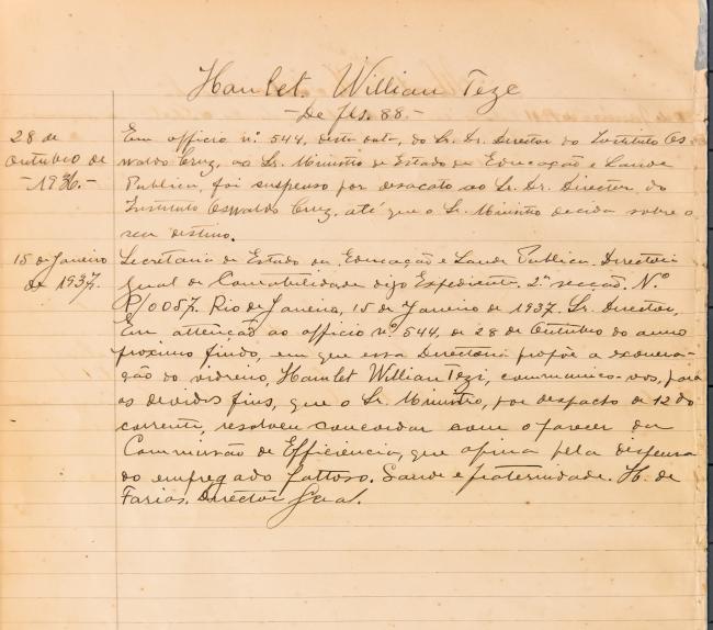 Ficha de registro funciuonal de Hamlet William Aor. Documento manuscrito