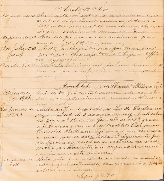 Ficha de registro funcional de Hamlet William Aor. Documento manuscrito