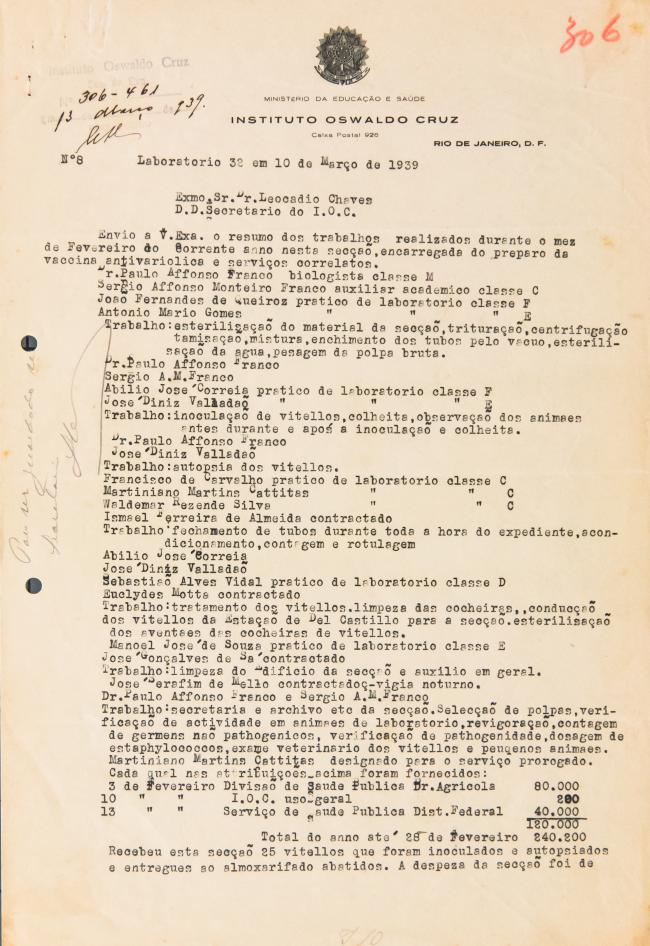 primeira página do relatório de atividades do Instituto Vacinogênico, de março de 1939. O documento descreve as atividades desempenhadas e compartilhadas de seus trabalhadores auxiliares e médicos