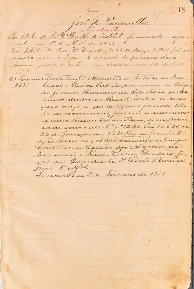 Ficha de registro funcional de José de Vasconcellos. Documento manuscrito