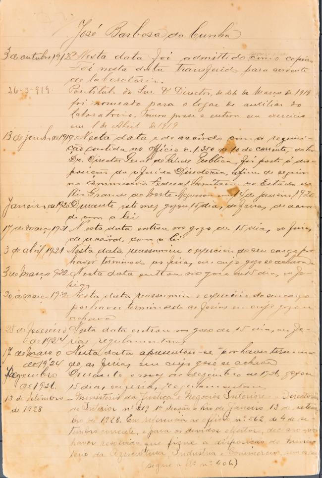 Ficha de registro funcional de José Barbosa da Cunha. Documento manuscrito