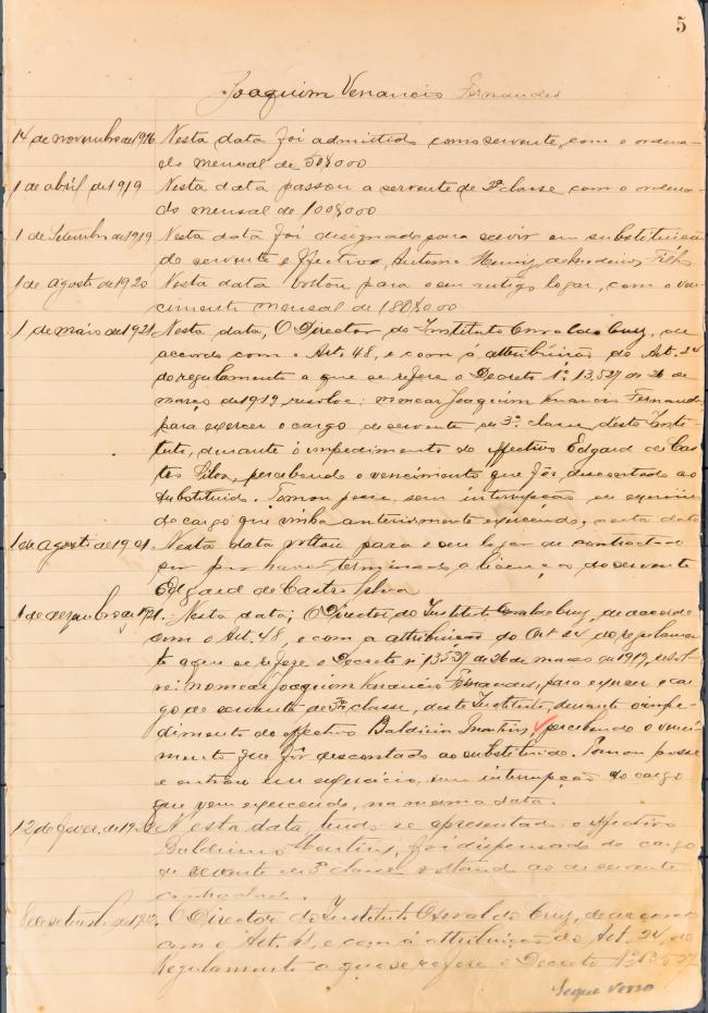 Ficha de registro funcional de Joaquim Venâncio Fernandes. Documento manuscrito
