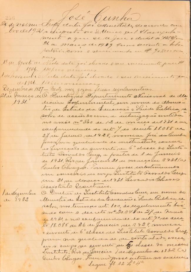 Ficha de registro funcional de José Cunha. Documento manuscrito