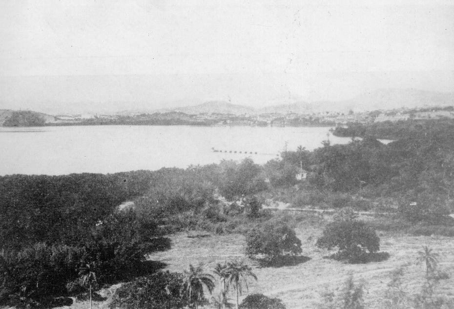 fotografia tirada do alto que mostra o terreno da Fiocruz no início do século 20. uma casa pequena fica situada entre a vegetação e a baía de guanabara