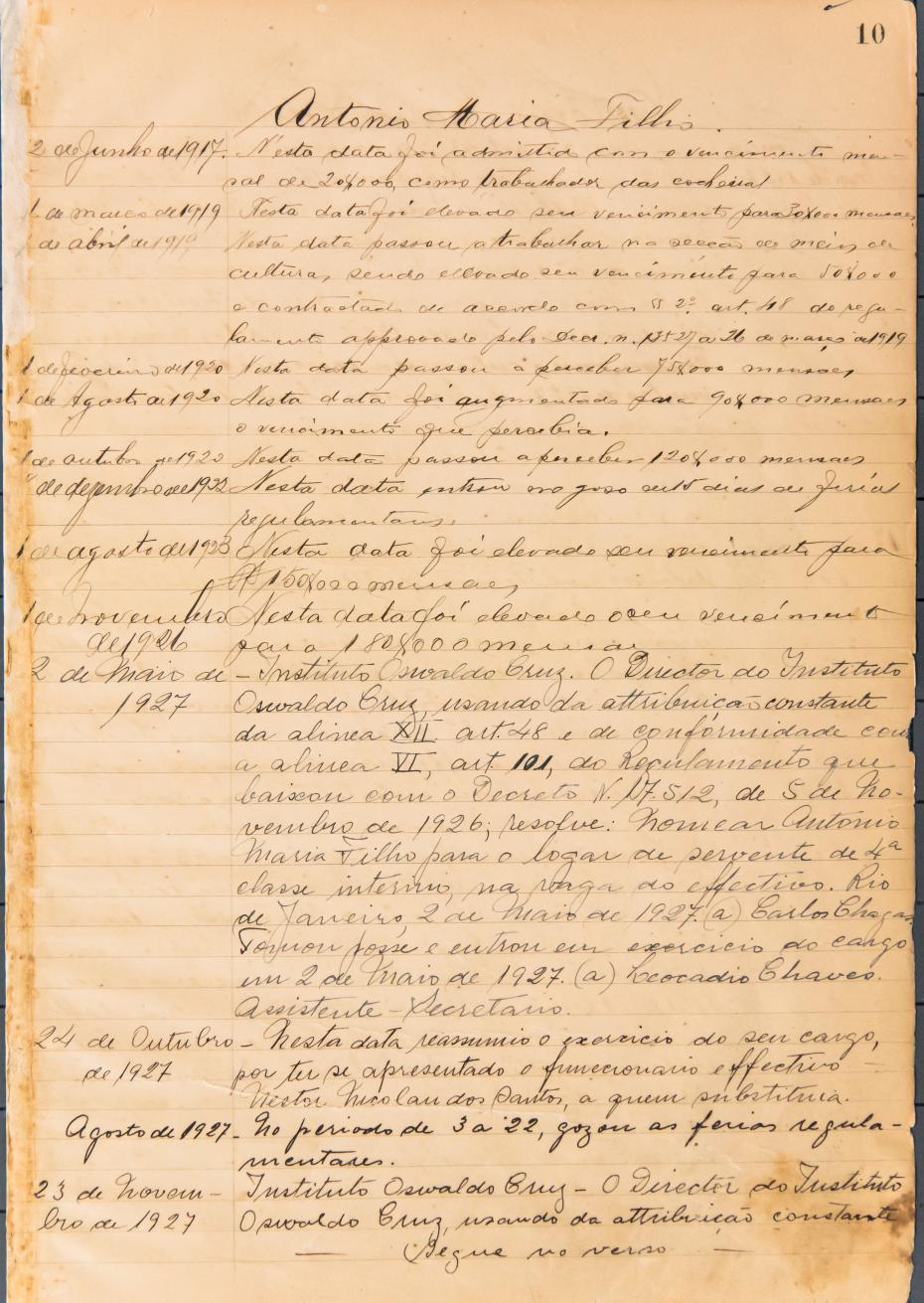 Ficha de registro funcional de Antonio Maria Filho. Documento manuscrito